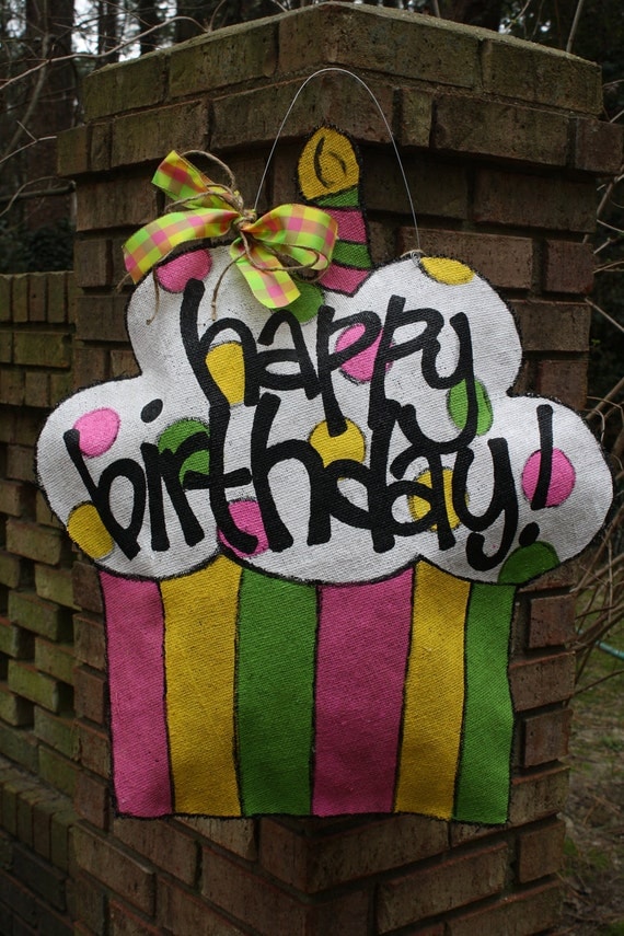 Birthday cupcake burlap door hanger