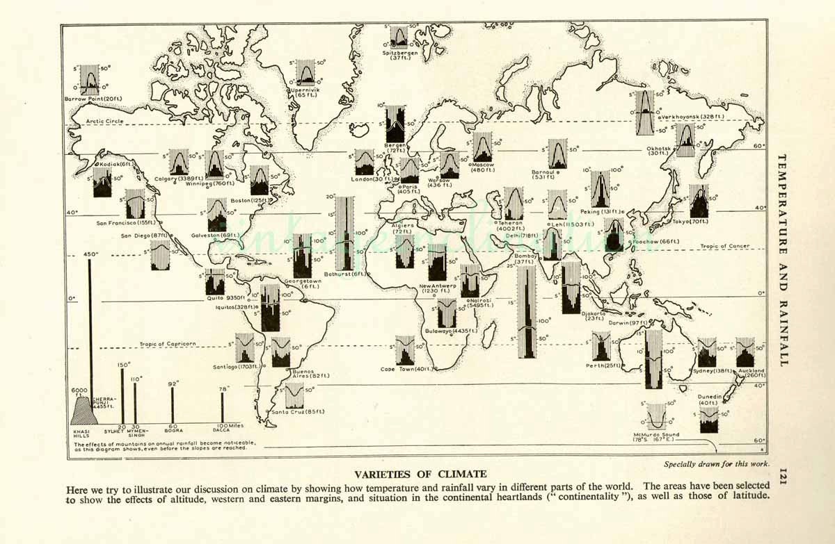 Vintage World Map, Temperature 1958 original