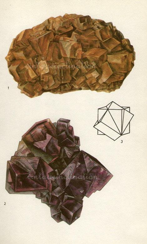 Antique Prints, 1950s Precious Stones and Minerals, beautiful wall art vintage coloured illustration gems jewels