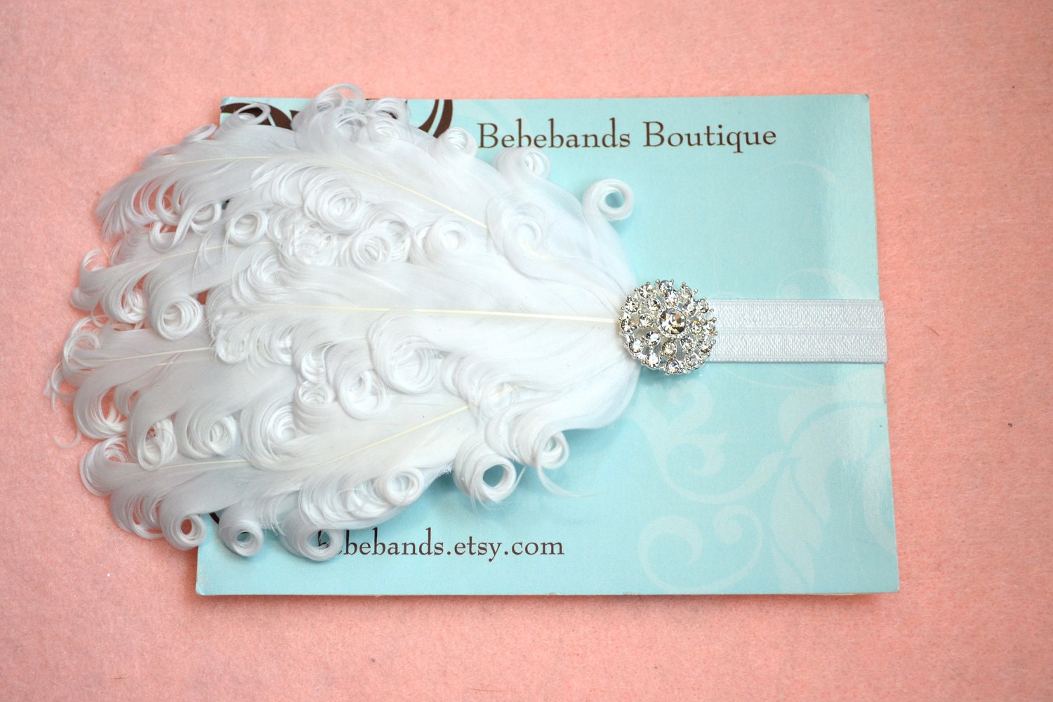 Newborn Headband..Baby Girl Headband..Baby Headband ...white feathers with rhinestone accent on white elastic headband