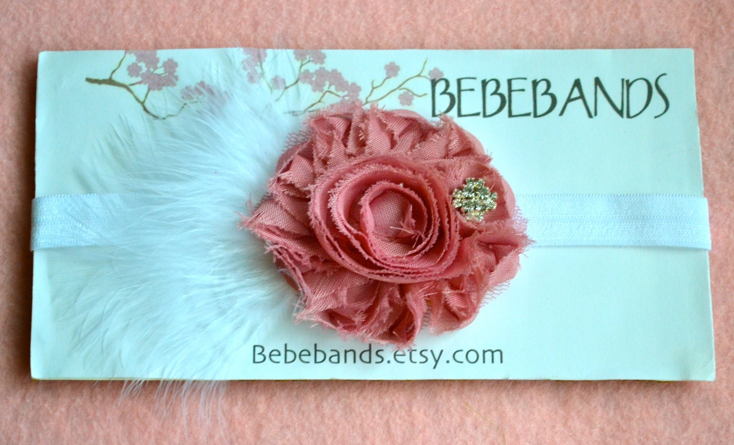 Baby Headband..Baby Girl Headband...Newborn Headband... Shabby chic frayed chiffon flower with feathers on white headband