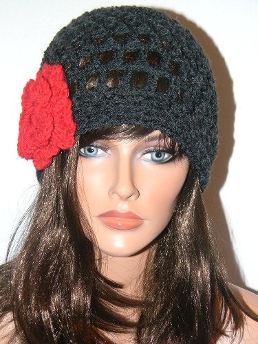 Handmade Charcoal Grey Hat with Sparkly Red Flower Detail