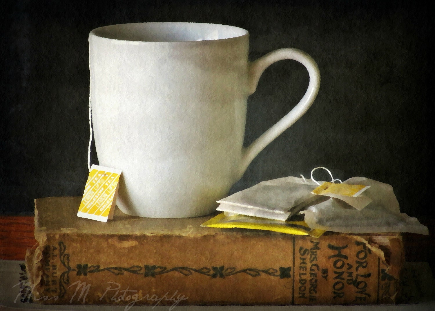 Tea, books, tea bag, mug, charcoal, cream, tan, yellow, kitchen, home decor, original fine art photograph, 5x7 print, metallic finish
