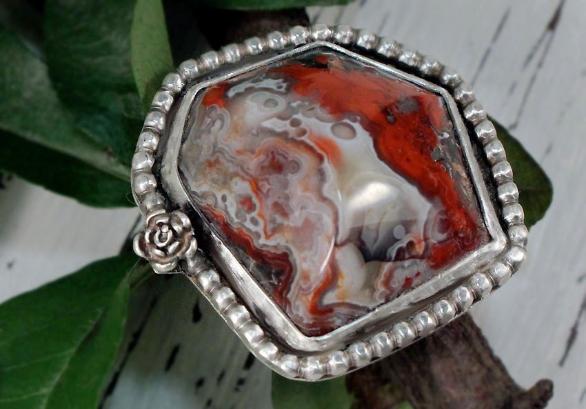 Silver Ring with Faceted Mexican Crazy Lace Cabochon
