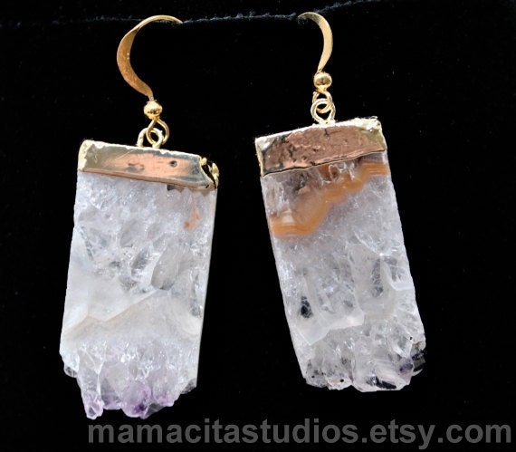 Earrings, Druzy Amethyst Stalactite Slice Earrings, Natural Stone and Crystal Jewelry