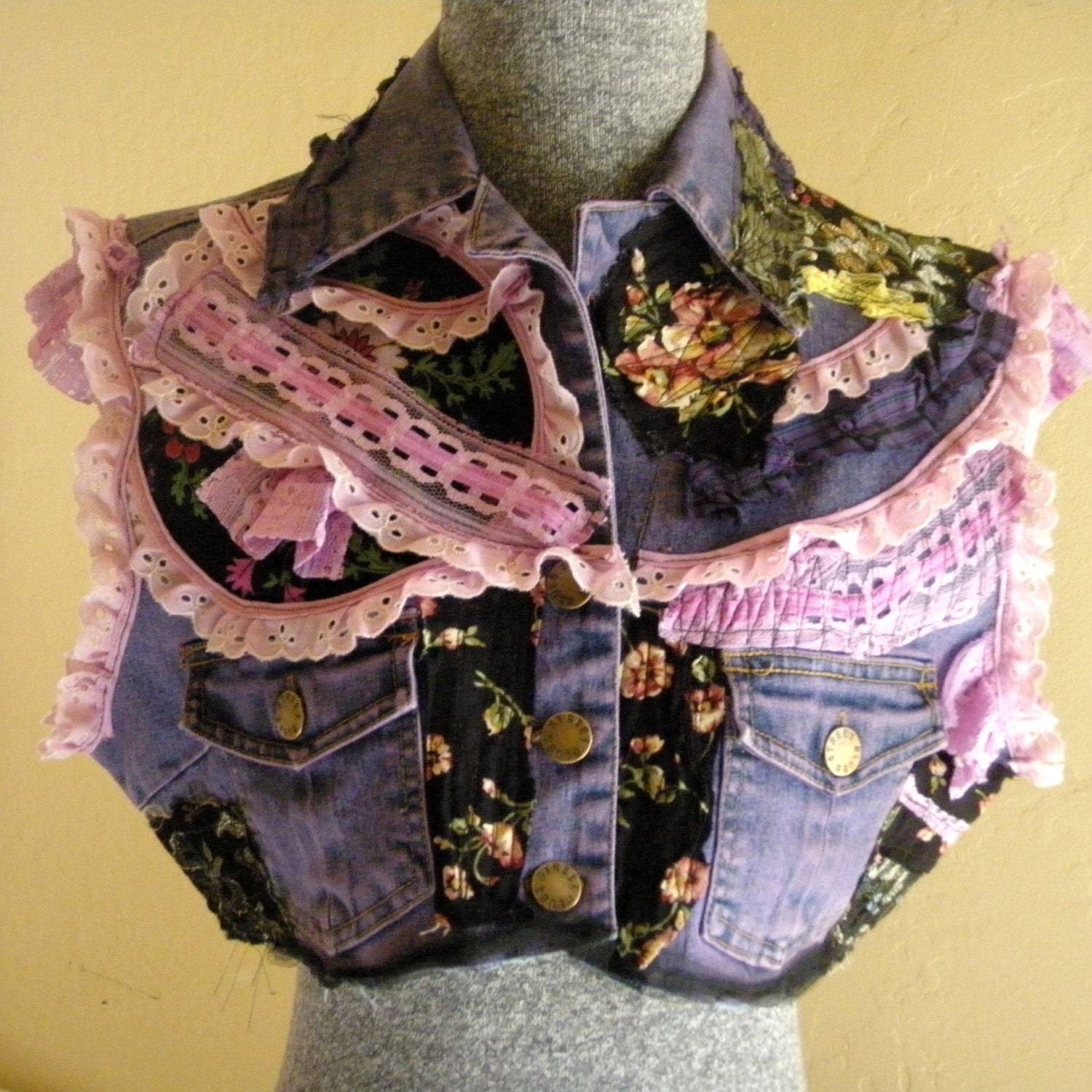 SALE Cropped Collage Altered Vest Top Steampunk Vintage Embellishments 80s Chic Boho Glam Size Large