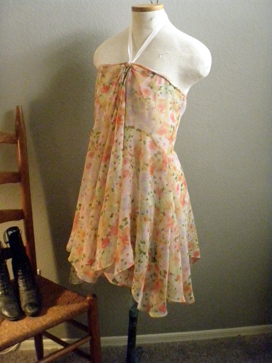 Halter Top Dress Tunic Flowing Shabby Flowers Handmade Peasant Chic RePurposed Skirt Size Small Medium