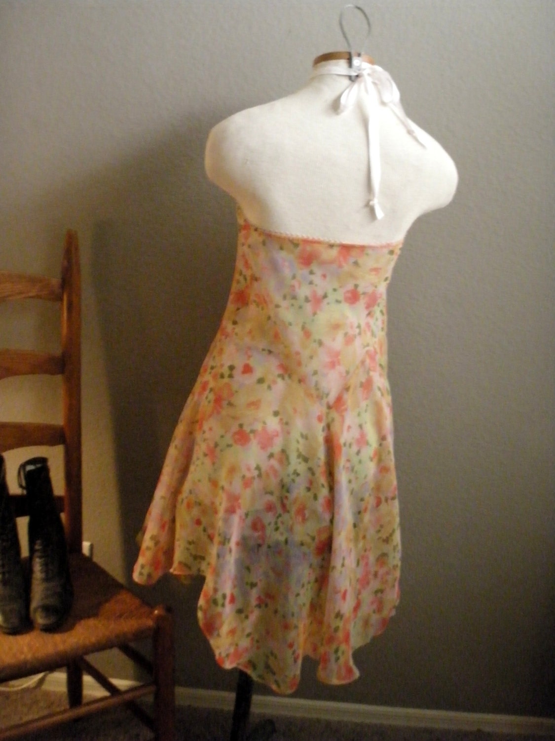 Halter Top Dress Tunic Flowing Shabby Flowers Handmade Peasant Chic RePurposed Skirt Size Small Medium