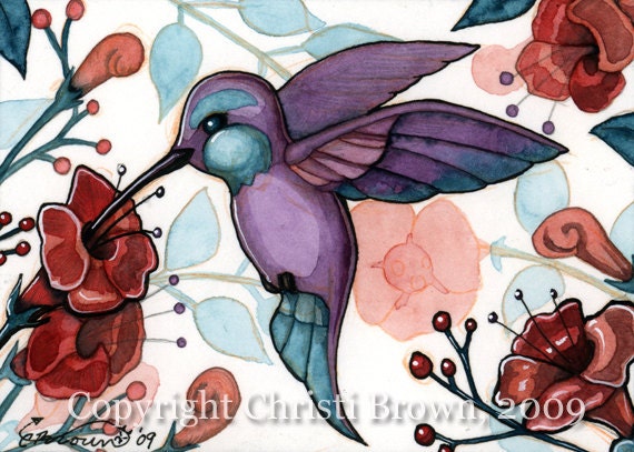 Hummingbird watercolor painting art print lavender teal humming bird matted