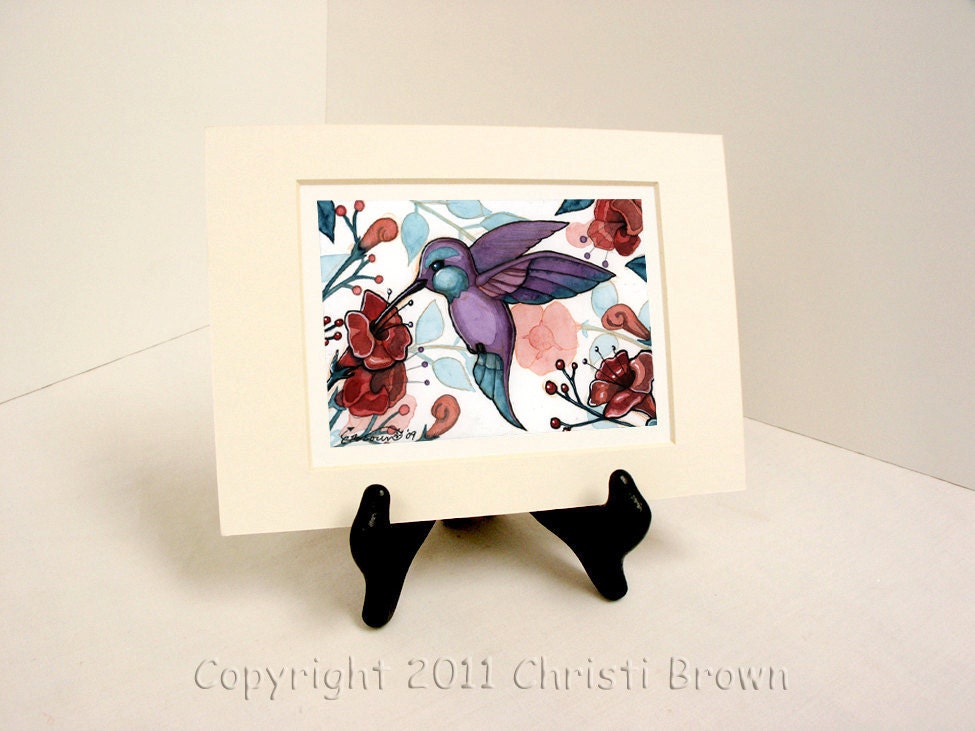 Hummingbird watercolor painting art print lavender teal humming bird matted