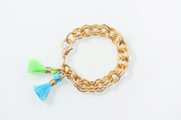 Tassel bfrend gold chain Bracelet- NEON green & blue