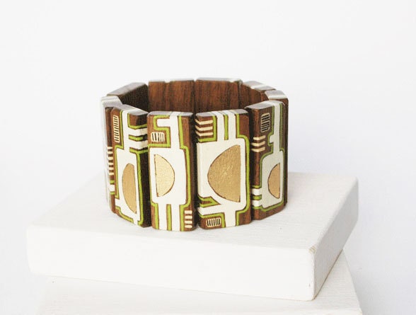 Geometric Bracelet  Abstract Walnut Wood Hand Painted Bracelet