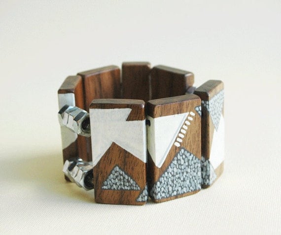 Gray and White Hand Painted Walnut Wood Bracelet with Hex  Nuts