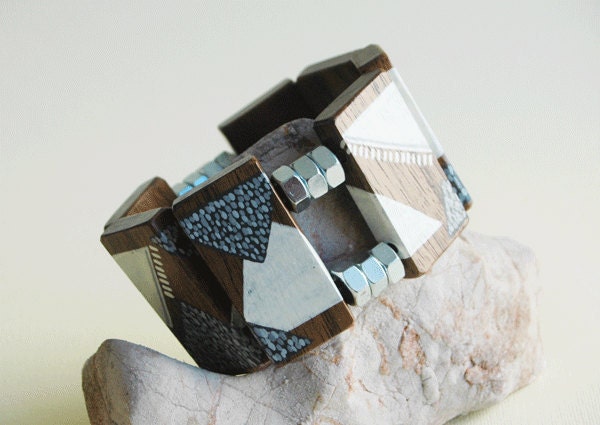 Gray and White Hand Painted Walnut Wood Bracelet with Hex  Nuts