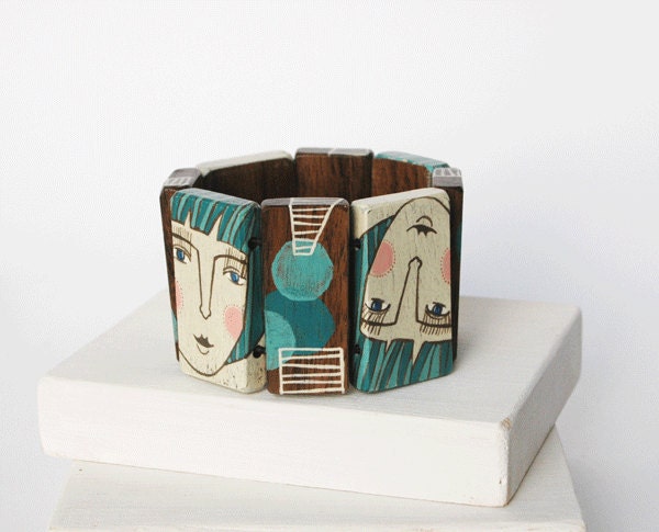 Blue and White Walnut Wood Bracelet