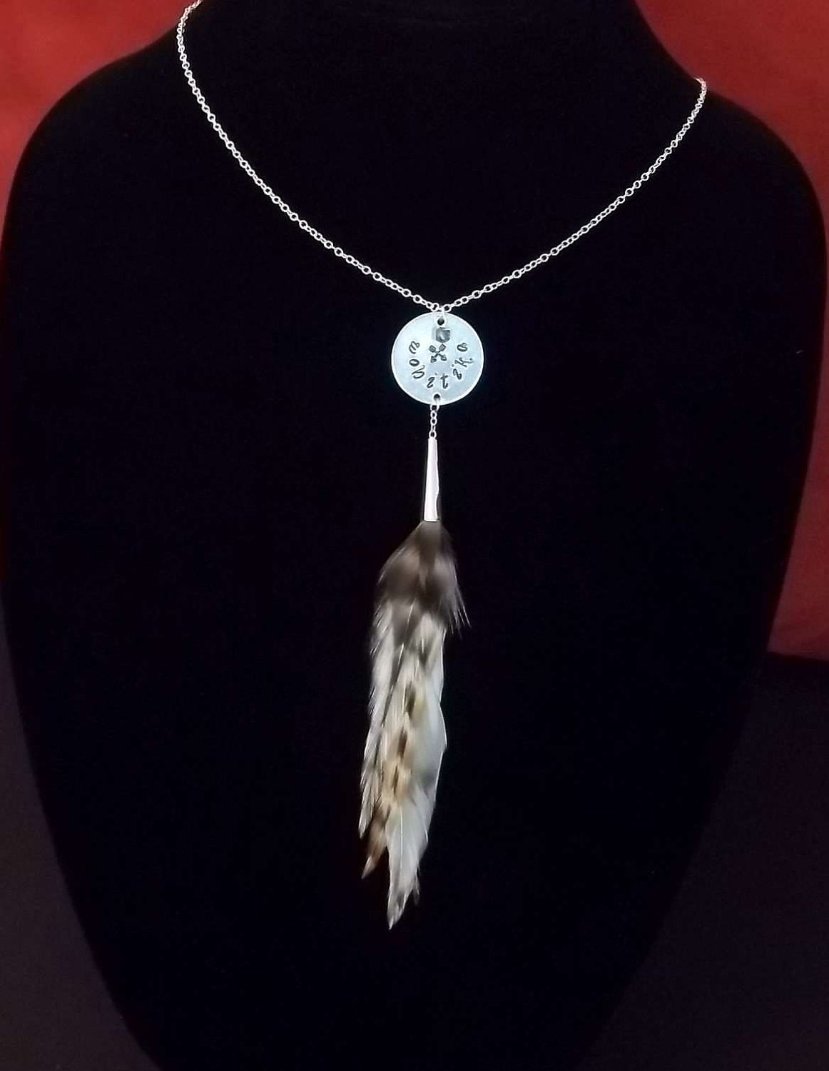 Hand Stamped Natural Feather Necklace "Brave One": Mothers Day Sale Coupon Code FREESHIPPING1