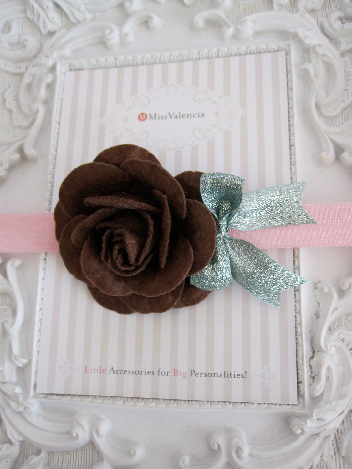 Sweet Pink Headband with Chocolate Brown Felt Rose and Perfect Shimmer Blue Bow. Headband or Clip Great Photo Prop. 0250