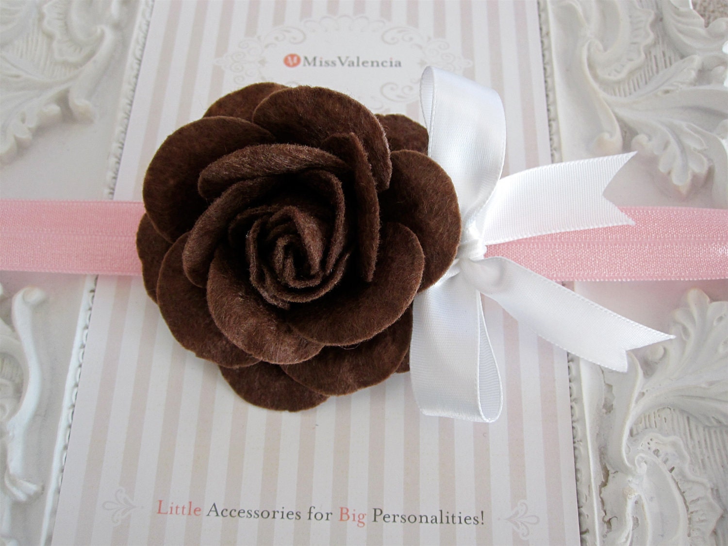 Sweet Pink Headband with Chocolate Brown Felt Rose and Perfect White Bow. Headband or Clip. Great Photo Prop. 0251