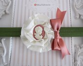 Sweet Olive Green Headband adorned with Ivory Satin Cabbage Rose and Darling Cameo centre. Headband or Clip. Great Photo Prop. 0254