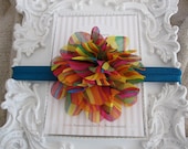 Sweet Blue Headband with Large Rainbow Chiffon Flower. Headband or Clip. Great Photo Prop. 0269