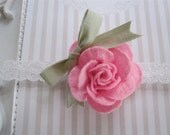 Sweet White Lace Headband with Pink Felt Rose and Perfect Mint Green Bow. Headband or Clip. Great Photo Prop. 0271