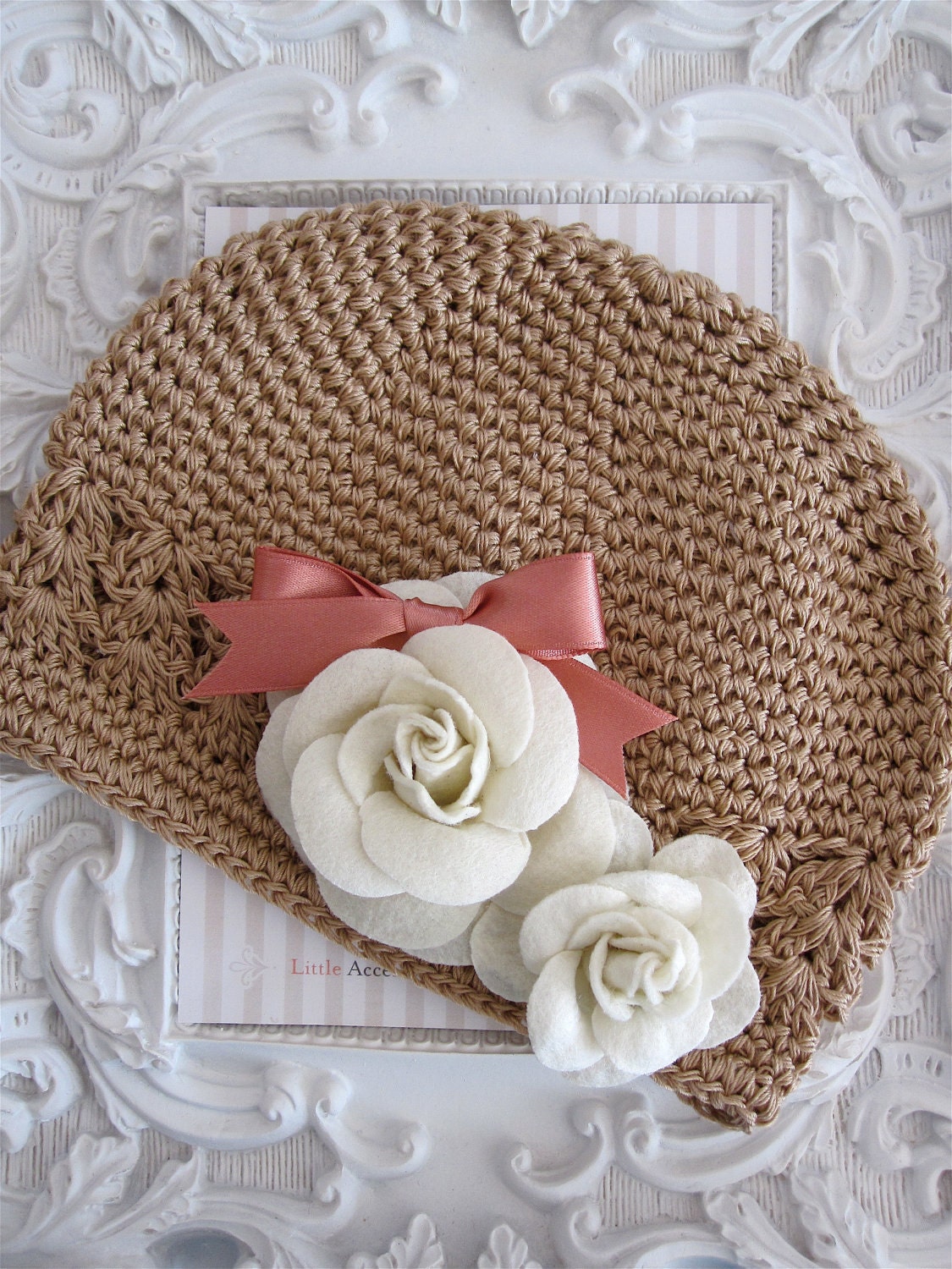 Sweet Crocheted Tan Brown Toddler Beanie Hat with Ivory Felt Roses and Perfect Pink Bow. Great Photo Prop. 0280-TOD