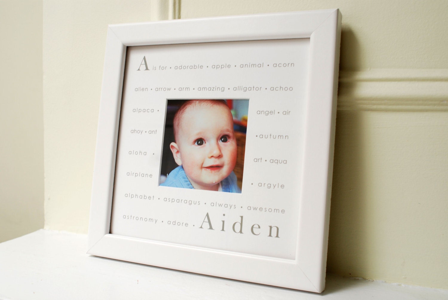 Custom Photo Mat, A is for....Personalized for your Child, 8x8" White Mat with White Frame