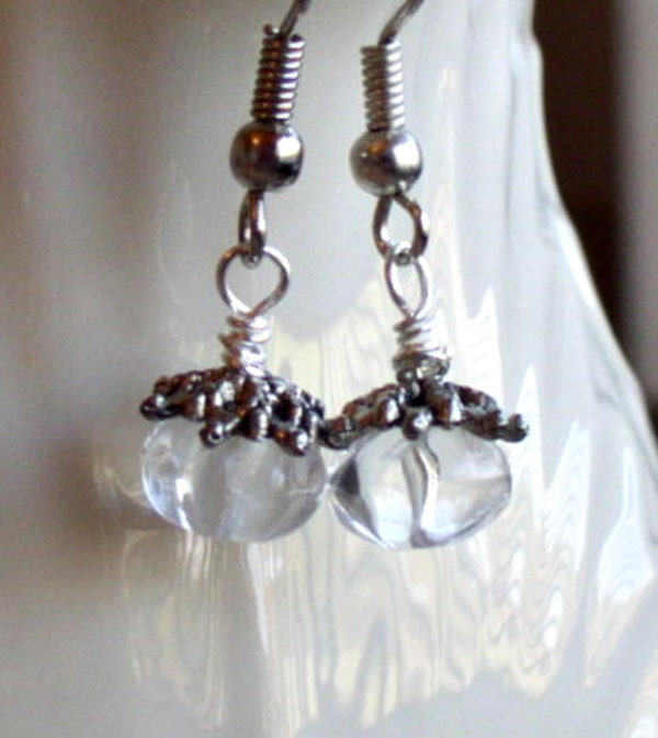Translucent Pumpkin Shaped Vintage Glass Jewels topped with Silver bead cap earrings