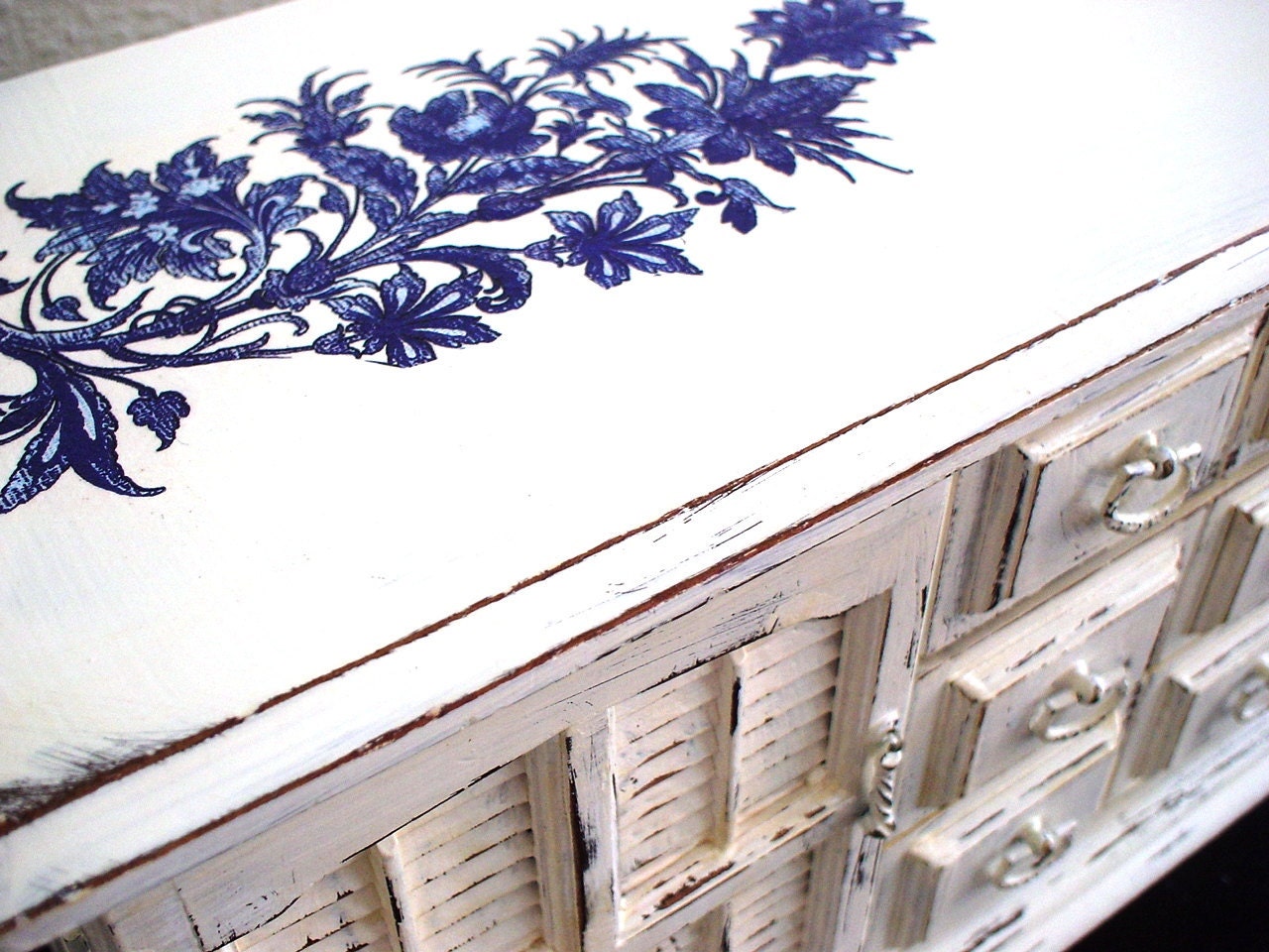 Large Cream/Bue Flora decoupaged Vintage Style Wooden Jewelry Box