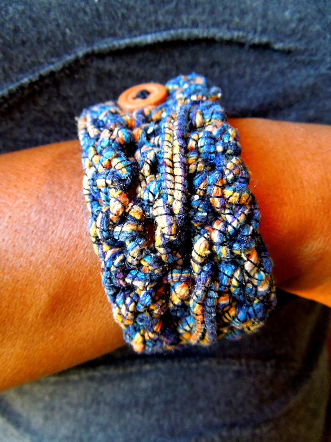 Crochet Bracelet - Crochet Cuff - Multicolor Blue, Gold, Taupe & Black - RINJI