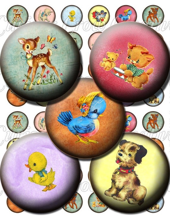 Animales lindos retros Rondas 1 pulgada Círculo Hoja Collage Digital - Jewelry Charms Noticias Art Etiquetas Bottlecap Clip Art DIY para imprimir