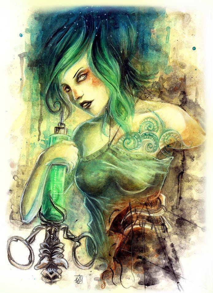 PRINT -  AcidA - green goth girl with syringe -