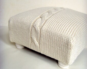 Foot Stool SALE Chunky Cable Knit Covered Cream Foot Stool Cream Stool Boxing Day Sale Chunky Cable Knit Pure Wool Cable Knit