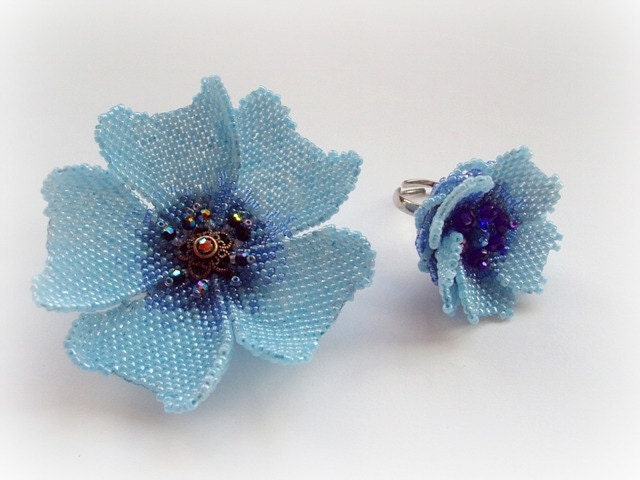 Elegant Blue Poppy Flower Seed Beads Peyote  Stitched  Brooch  Ring Set. Summer Fasion.  Gift Idea Under 50. - MilenasBoutique