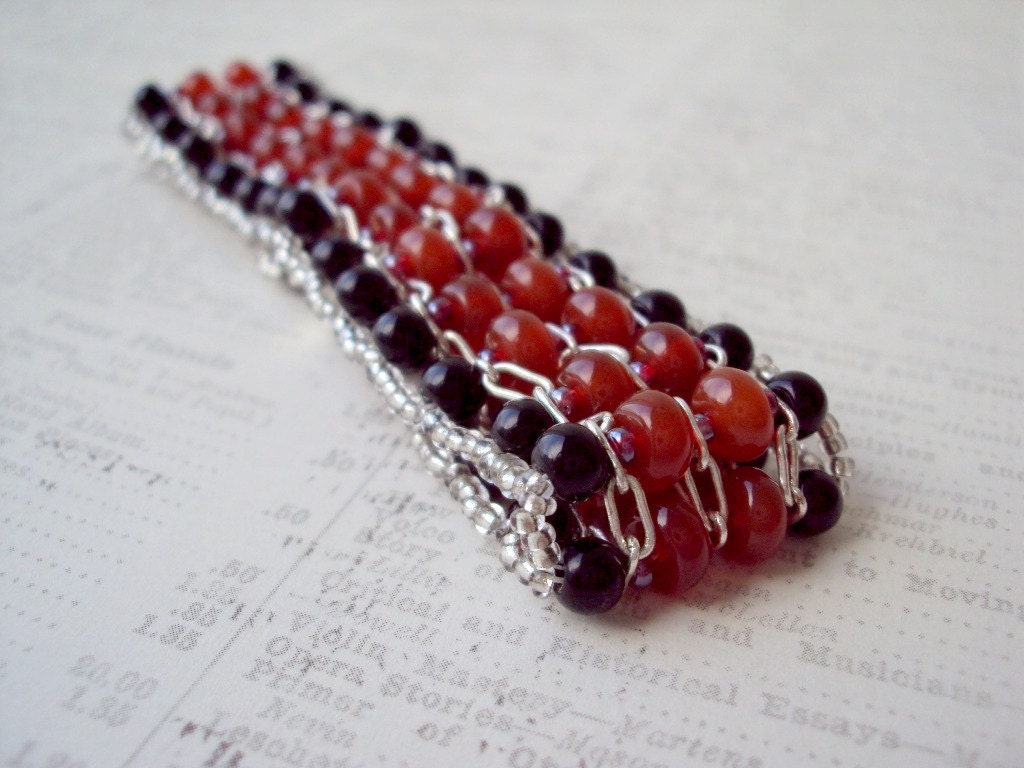 Red Agate and Black Onyx Silver Bracelet. Natural Stones. Boho Jewelry.