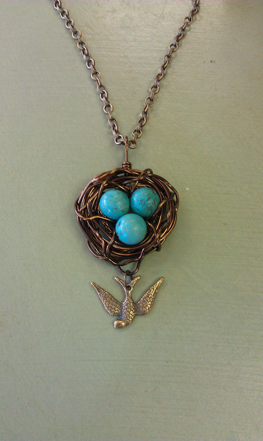 Wire Wrapped Robin Nest Pendant Turquoise Eggs and Bird Charm