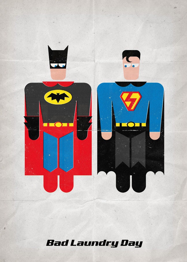 Superman & Batman in "Bad Laundry Day". Print 12x17in (30x42cm) plus FREE Button Pin