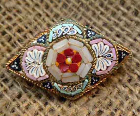 Vintage Micro-Mosaic Flower Pin with Pinks, Blues and Bright Reds