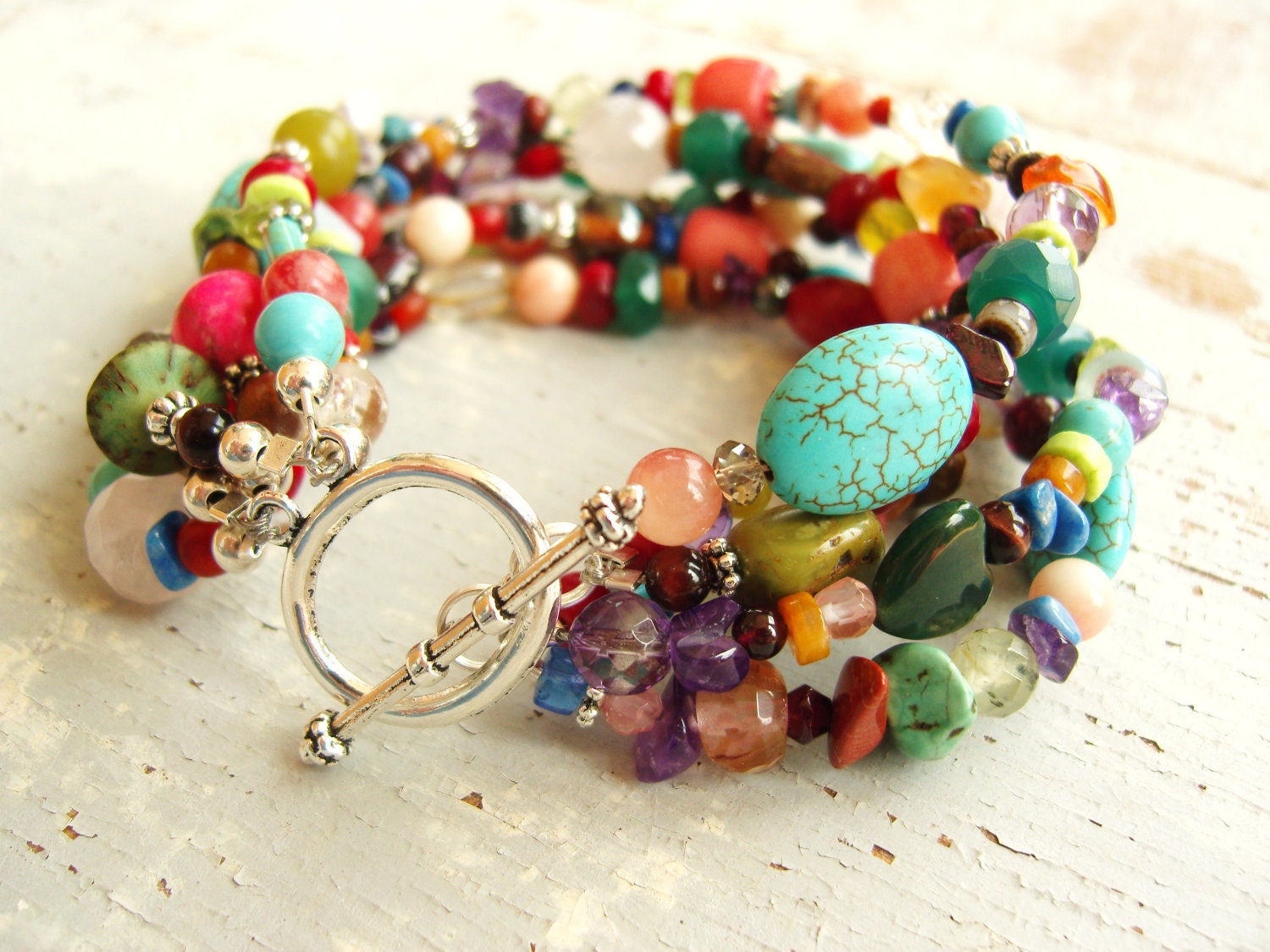 Multi Color, Semi Precious Stones, Six Strand, Toggle Bracelet