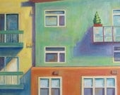 Fine Art, oil painting ACEO PRINT. Urban City, Late Christmas. Collectors item 2.5x3.5 inches. contemporary urban art by Brandy Cattoor.