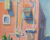 Fine Art, Mini oil painting original (5 x 7) STUDY. Urban contemporary building with awning. Fine art by Brandy Cattoor