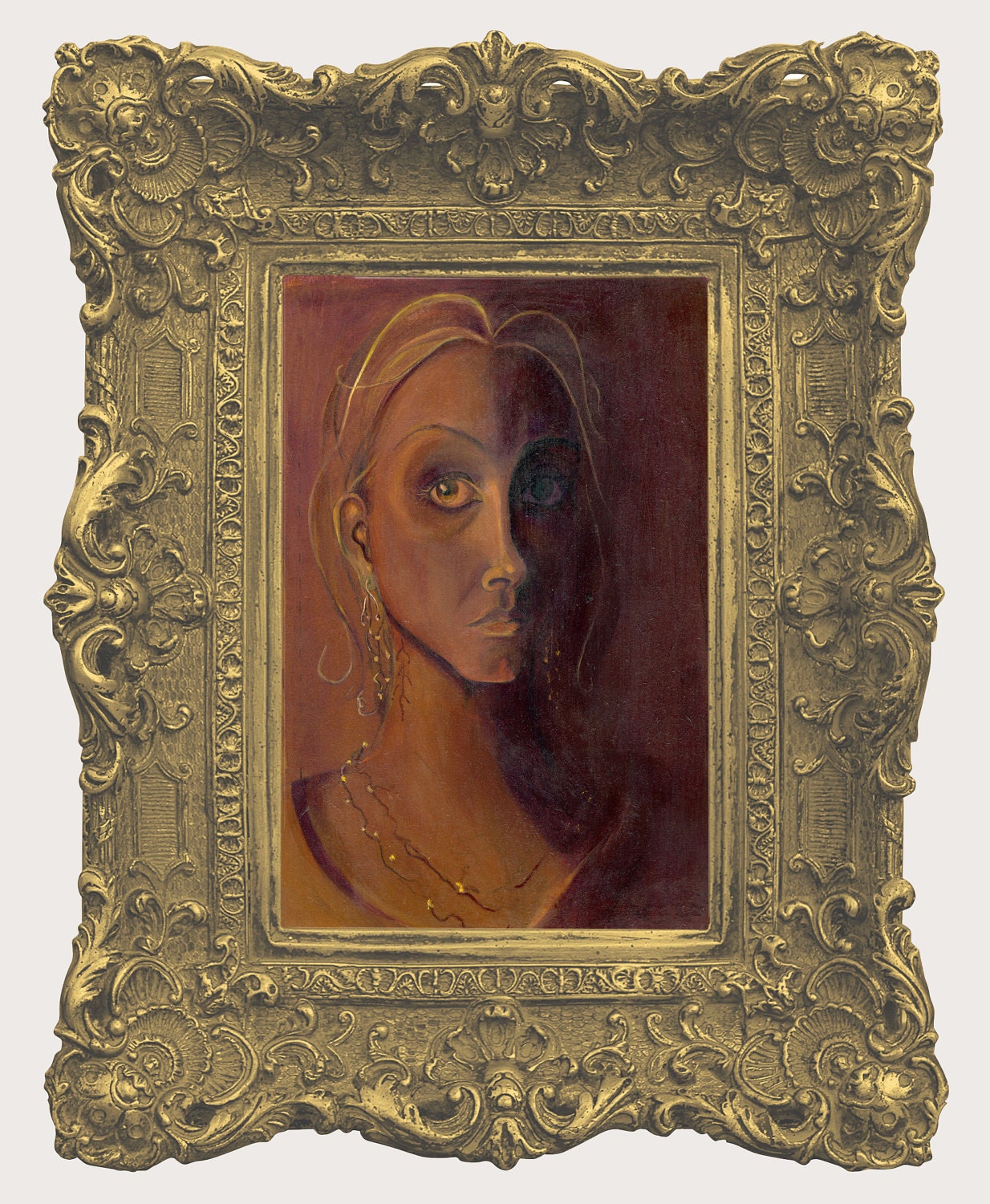 Oil on wood board. Mysterious woman illustration. Gold and purples. 8x10.