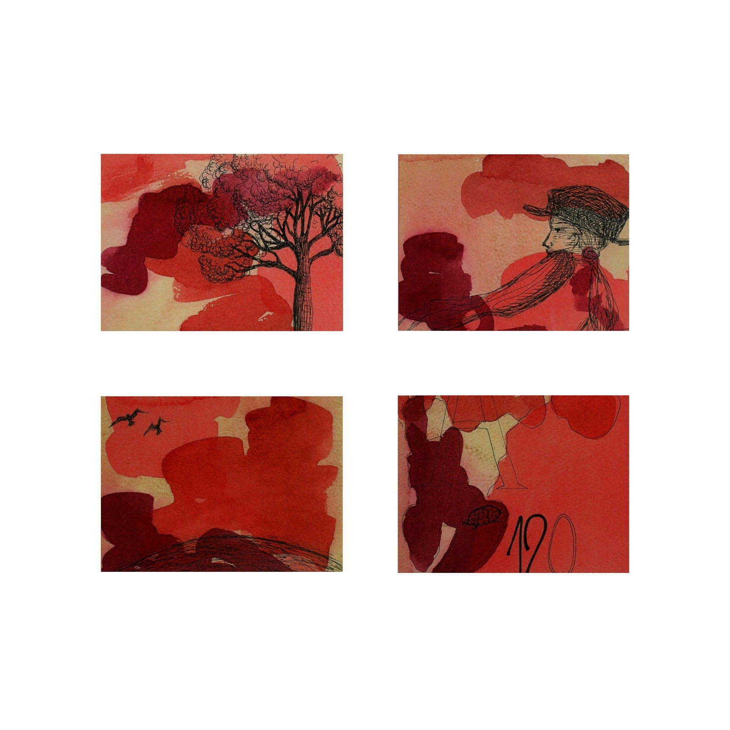 4 fine art postcards watercolor painting collection card pink