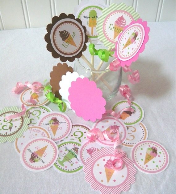 Ice Cream Cupcake Topper Kit customize with your wording and child's name for birthday or baby shower (18 pcs) Il_570xn