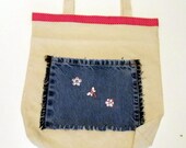 Recycled Jeans Tote Shopping Diaper Bag- Dragonfly Flowers