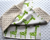 Gender NEUTRAL Boy or Girl Giraffe Blankie 22" x 19" Ultra Modern Blanket in Chartreuse Lime Green GIRAFFE Cotton Print & White Minky Dot