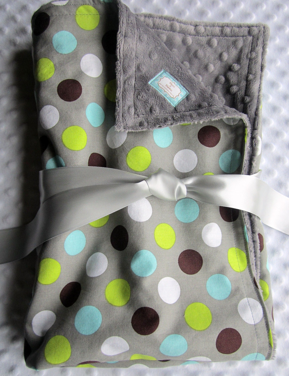 READY to SHIP - Blue & Gray Baby Boy Blanket 35" x 29" in Dot Gray, Lime Green, Aqua, Teal, Brown, White Dots Cotton with Minky Dot Chenille