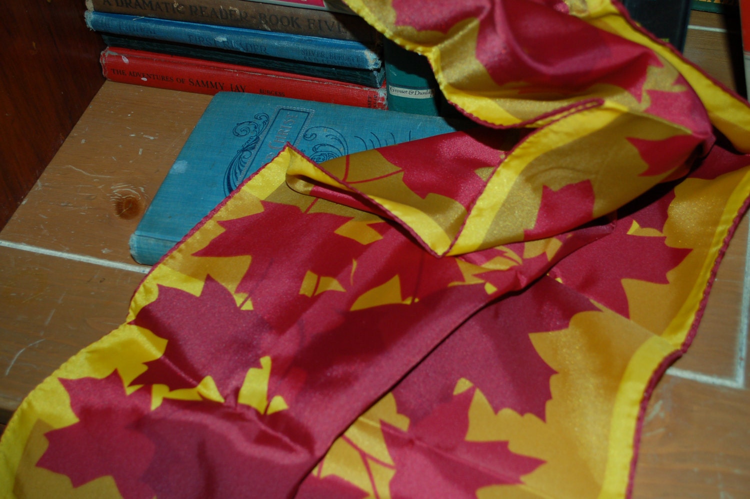Vintage Vera Scarf New Gold Burgundy Red Wine Yellow Hand Rolled