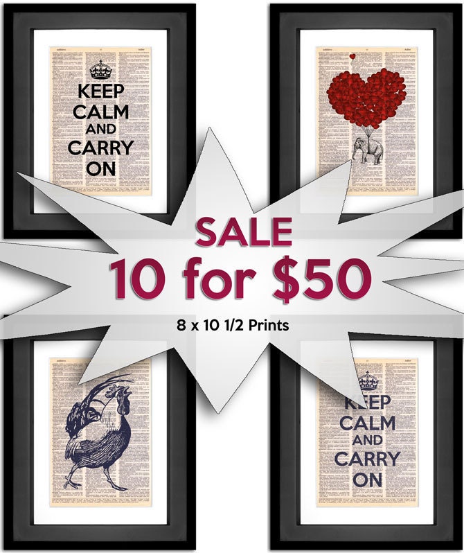 Sale on Dictionary Art Prints - SPECIAL - 10 for 50 SALE - Any Design Printed on 8x10.5 Vintage Dictionary Paper
