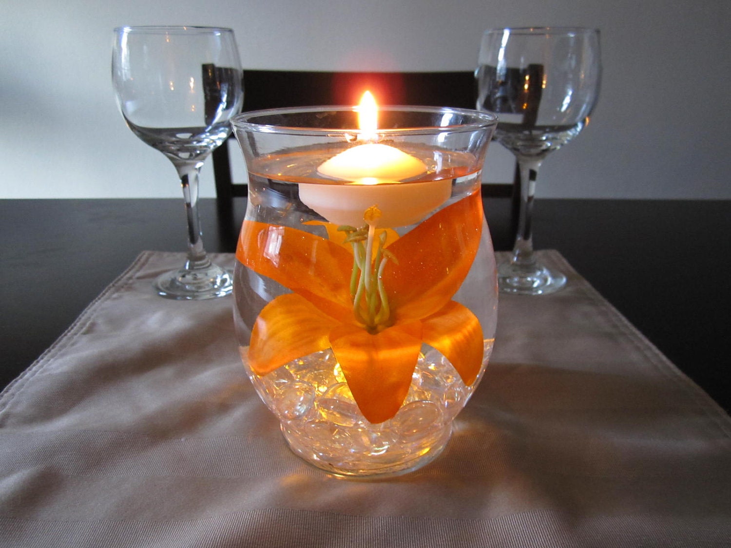 Hurricane Vase Floating Candle Centerpiece with Artificial Orange Lily and Amber LED Light